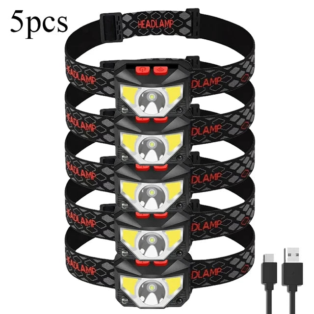 8 Modes Handfress Motion Sensor Powerful LED Headlight headlamp Head Lamp COB Flashlight Torch head light For Camping, fishing Oasis Select 5PCS
