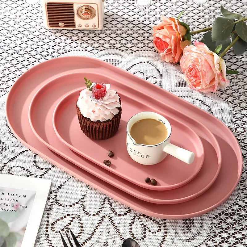 4Pcs Plastic Coffee Tray, Oval Food Serving Plate with Smooth Surface for Household Dessert Anti-fall Tray Afternoon Tea Oasis Select