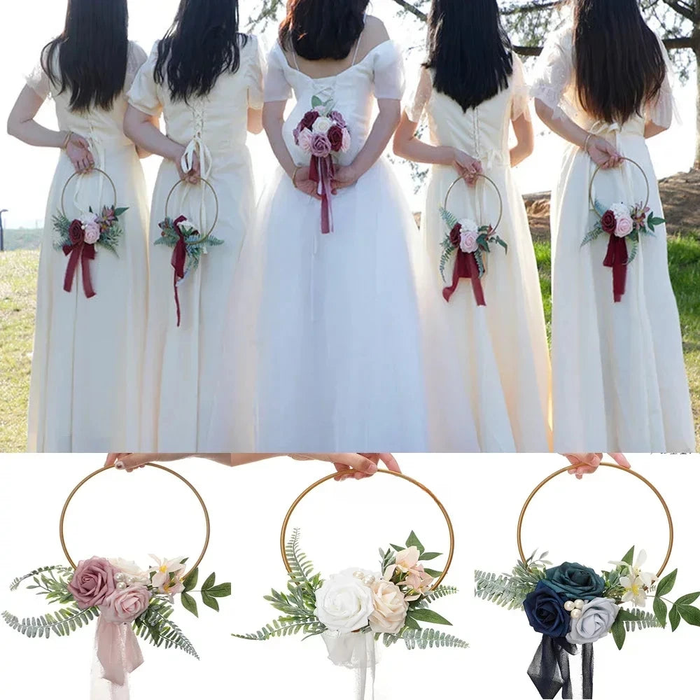 Bridesmaid Gold Hoop Bouquet for Wedding Bridal Shower Ceremony Artificial Rose Flower Hoop Wreath Front Door Wall Decoration Oasis Select