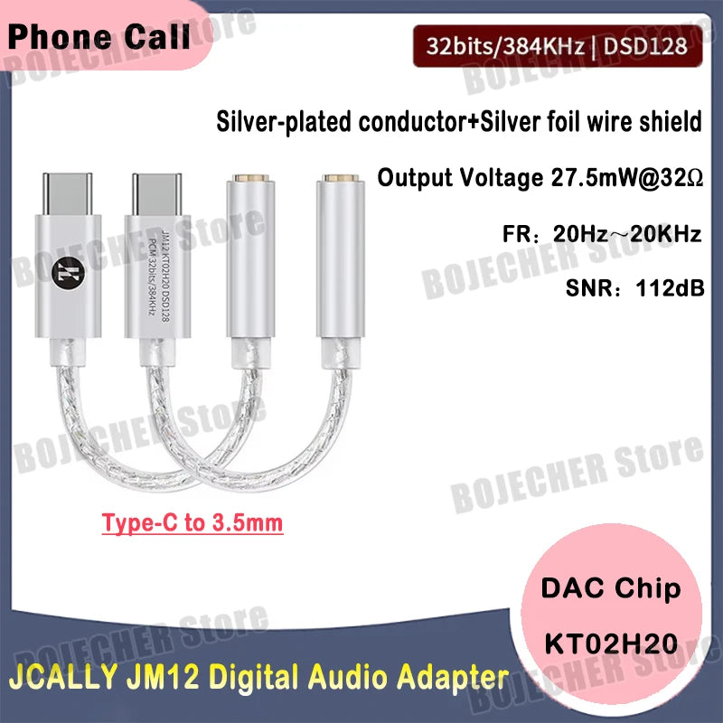 JCALLY JM12 Digital Audio Adapter DAC Chip KT02H20 Hi-Fi Audio Decoder Type-C to 3.5mm Earphone Amplifier 32bits/384KH DSD128 Oasis Select