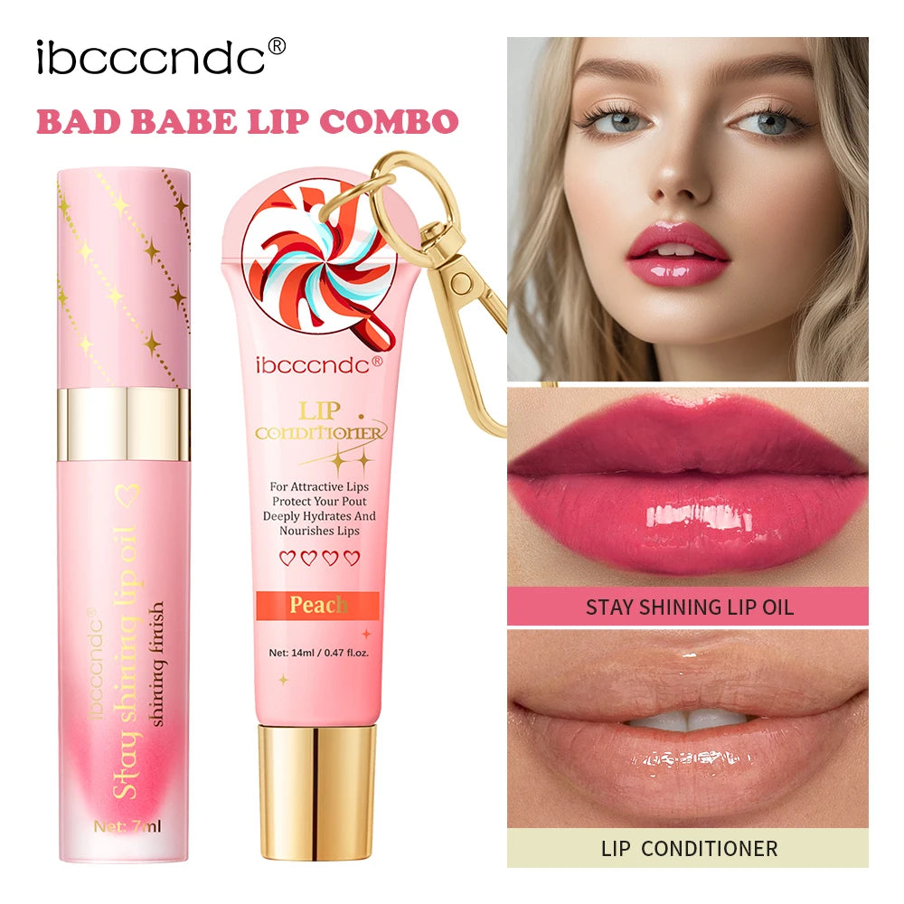 Bad Babe Lip Combo Peach and Clear Lip Gloss Combo with A Keychain Long Lasting Moisturizing Nourish Hydration Plumper Set Oasis Select 3strawberry