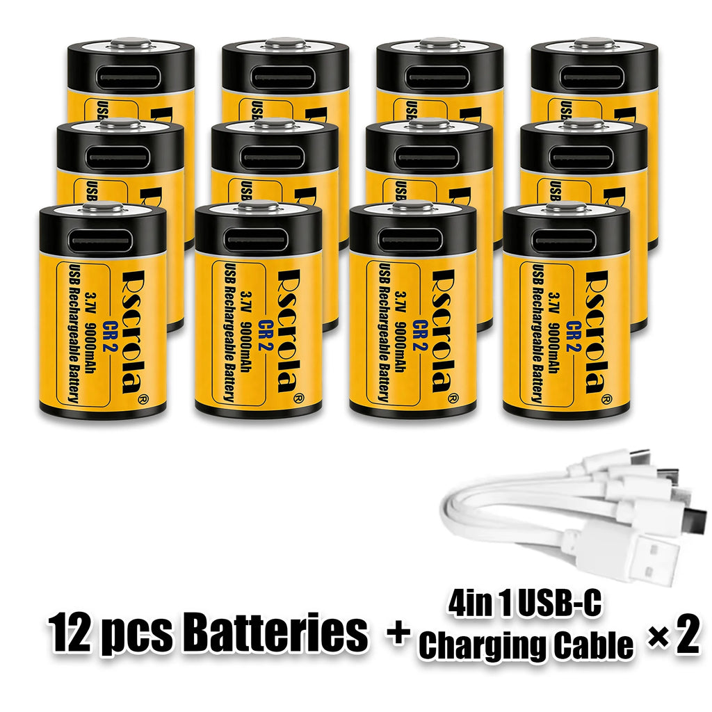 NEW CR2 3.7V 9000mAh Lithium Battery USB Fast Charging, For GPS, Security Cameras, Medical Devices, Rechargeable, Durable Oasis Select 12xCR2 2xCable4