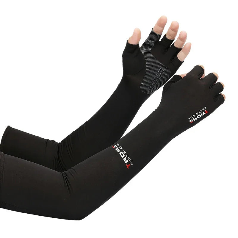 1Pair Sport Arm Sleeves Cycling Running Fishing Climbing Arm Cover Sun UV Protection Ice Cool Sleeves 5 Finger Cuff Oasis Select black half as picture