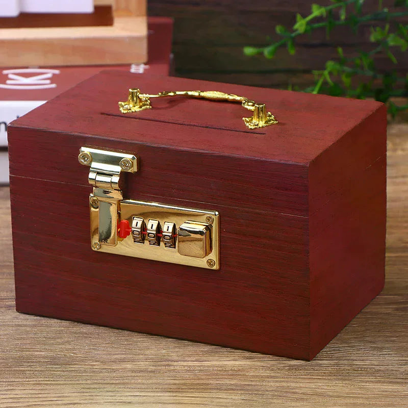 Wooden Box Password Lock Money Saving Coin Box Piggy Bank Organizer With Lock Treasure Box For Cards Dollars Cents Kids Gifts Oasis Select