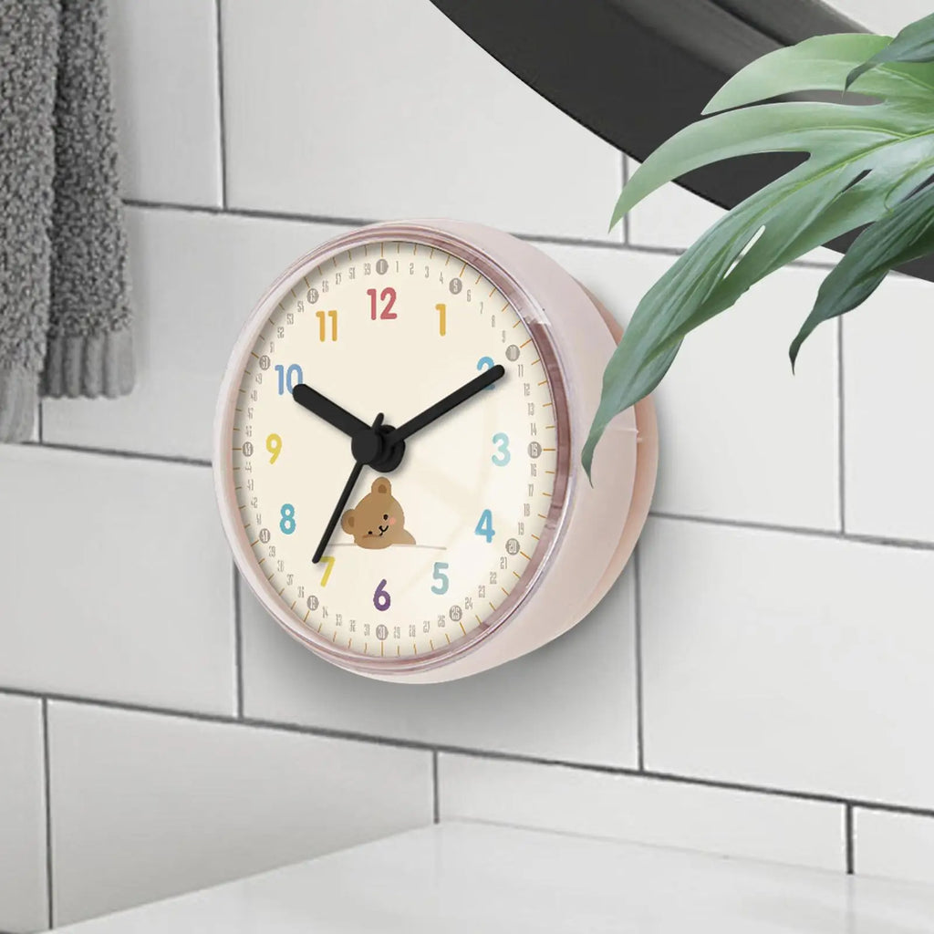 Shower Clock Bathroom Round Quiet Wall Decor with Suction Cup Waterproof Clock for Shower with Bear Pattern for Toilet Kitchen Oasis Select