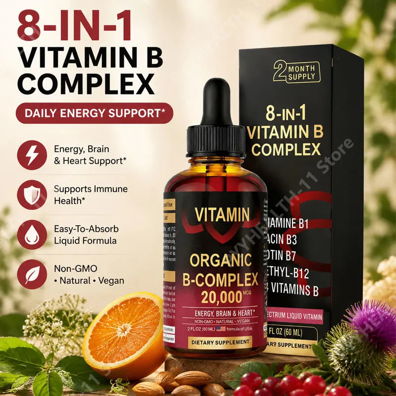 8-in-1 Organic Vitamin B Complex Liquid Drops | B12 Biotin 60mL Liquid B Vitamin Complex Oasis Select