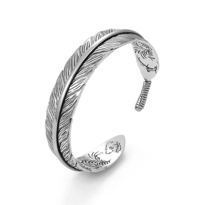 Vintage Carved Pattern Feather Bangle Bracelet Creative Design Opening Adjustable Men and Women's Models Oasis Select silver 54-56mm