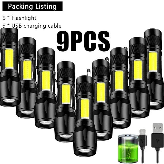 COB+XPE Portable Torch 1-10PCS Mini Flashlight Zoomable Focus Light Rechargeable Tactical Flashlight Camping Emergency Lantern Oasis Select 913 9pcs