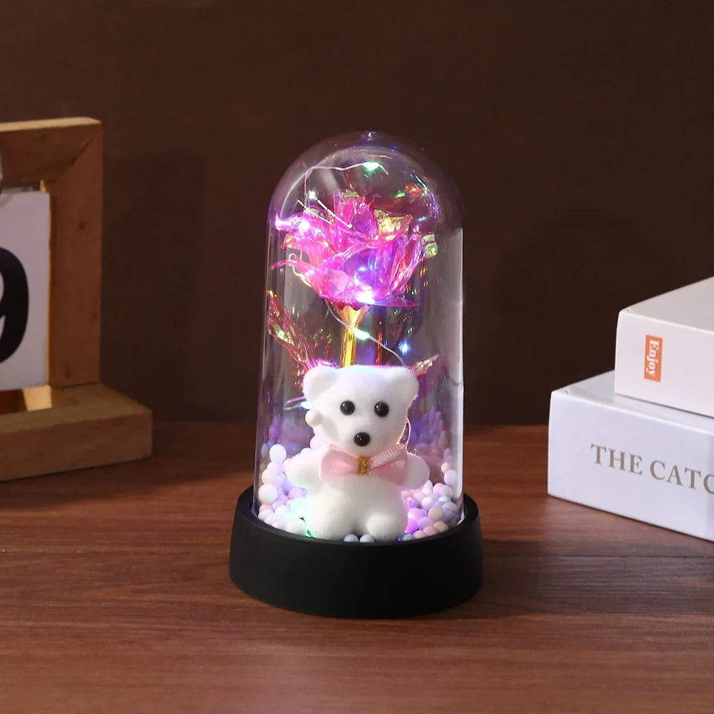 Artificial Rose Bear Desktop Ornament Eternal 24K Gold Foil Flower with Light Acrylic Cover Valentine's Day Birthday Rose Decor Oasis Select