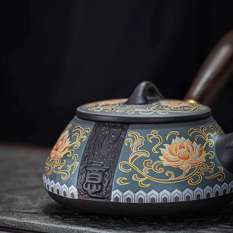 Purple Sand Ruyi Side Teapot Chinese Household Filter Pot Ceramic Kung Fu Tea Set Retro Relief Bubble Teapot Oasis Select