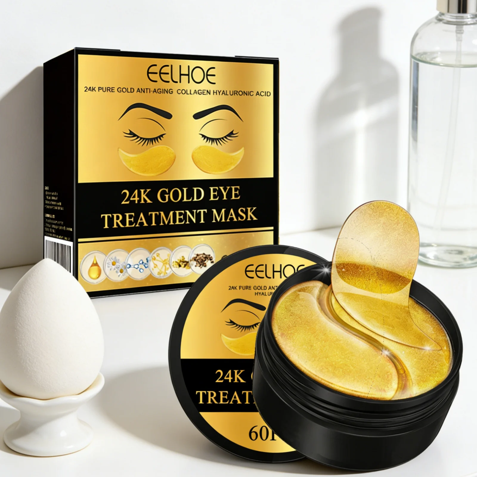 EELHOE 24k Gold Eye Treatment Mask Collagen Hyaluronic Acid Anti Wrinkle Reduce Dark Circles Daily Skin Care Under Eye Patches Oasis Select
