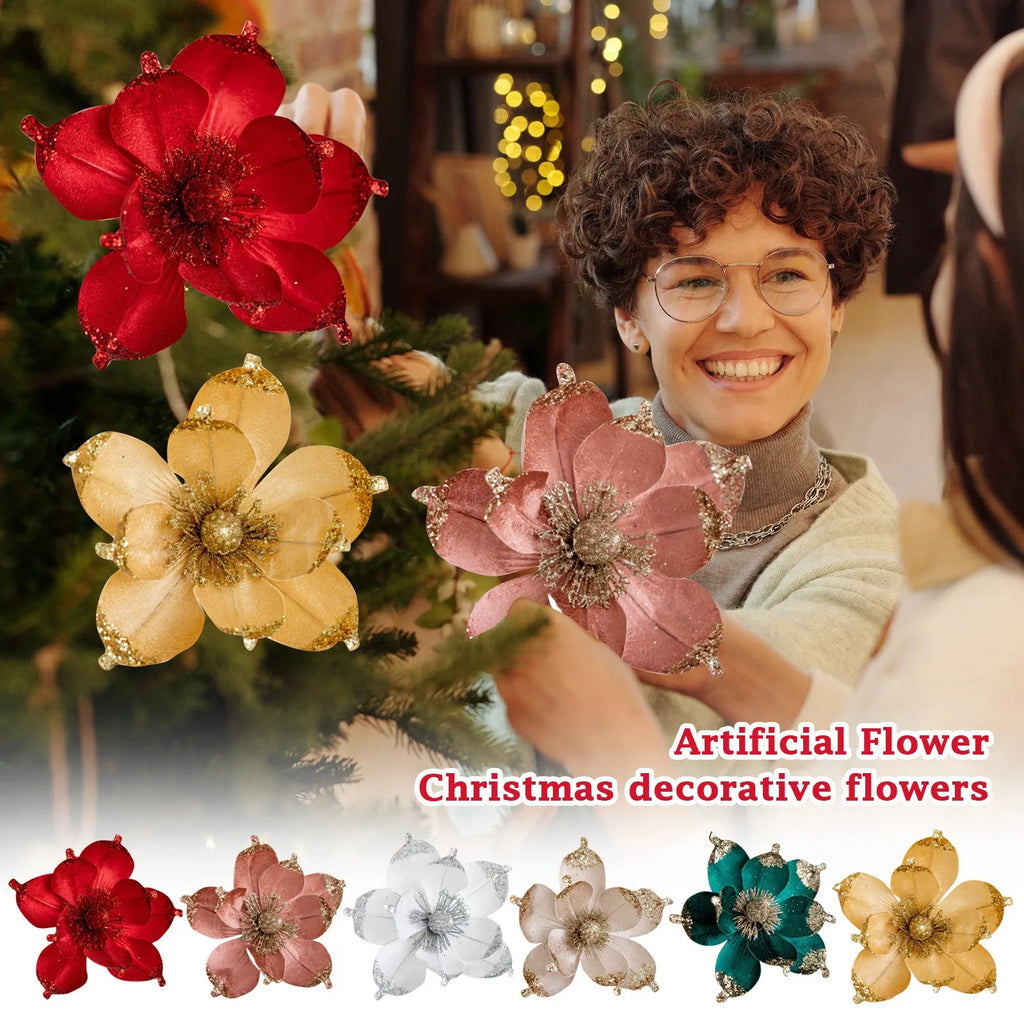 20cm Glitter Magnolia Christmas Flower Pick – Pink Sequin Christmas Flower Pick Oasis Select