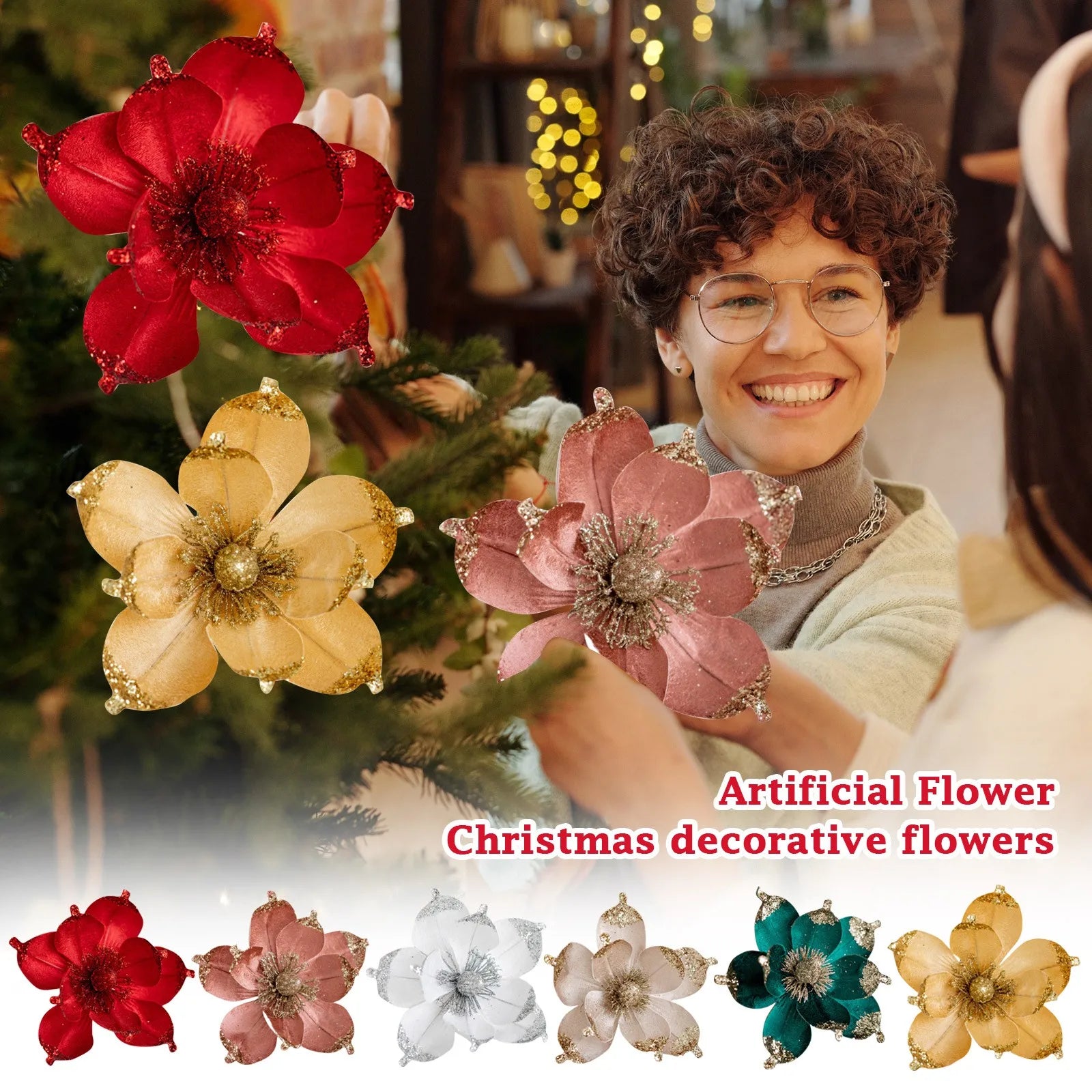 20cm Glitter Magnolia Christmas Flower Pick – Pink Sequin Christmas Flower Pick Oasis Select