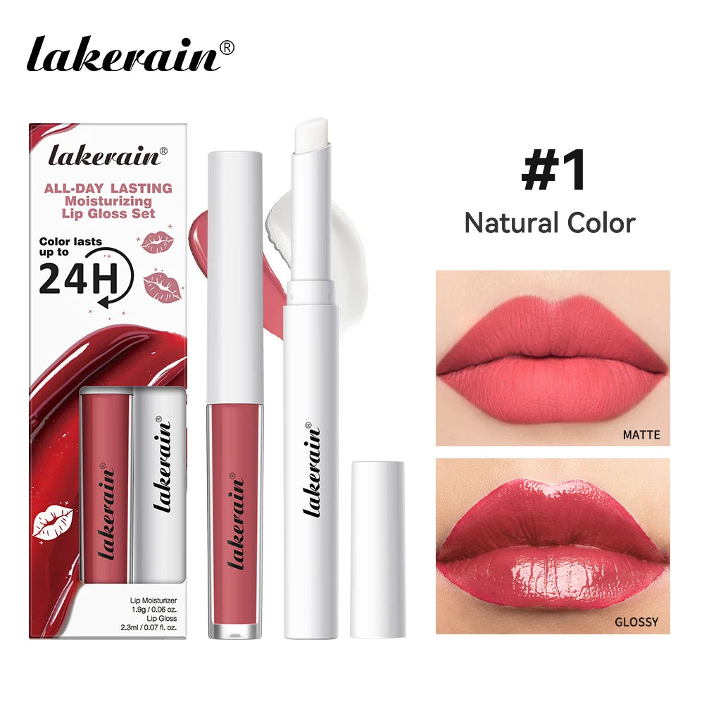 Lakerain Moisturizing Lip Gloss 2-in-1 Set Waterproof Sweat-proof Matte Topcoat Finish Long Lasting Moisturizing Smooth Lip Skin Oasis Select Natural Color