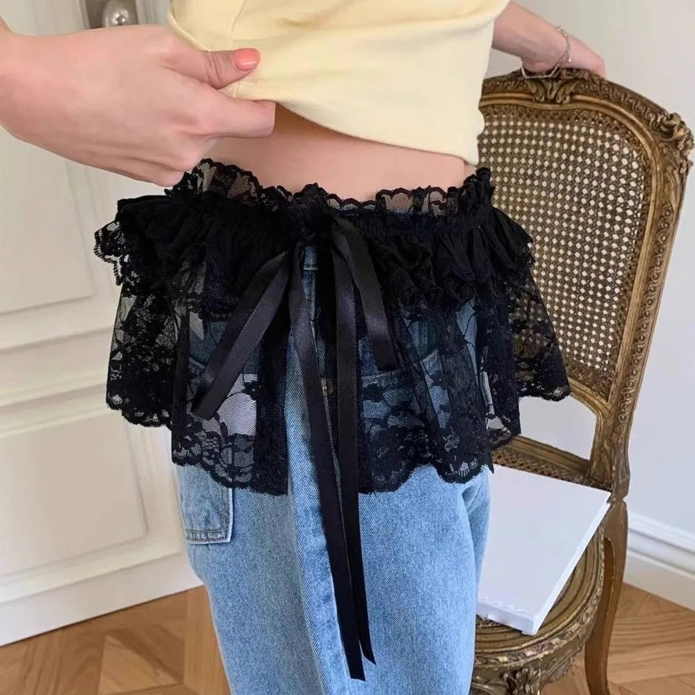 New Embroidered Flower Lace Mini Skirt Y2K Streetwear See Through Ruched Skirts Harajuku Lace Up Ruffles Skirt Jeans Decoration Oasis Select -2 One Size