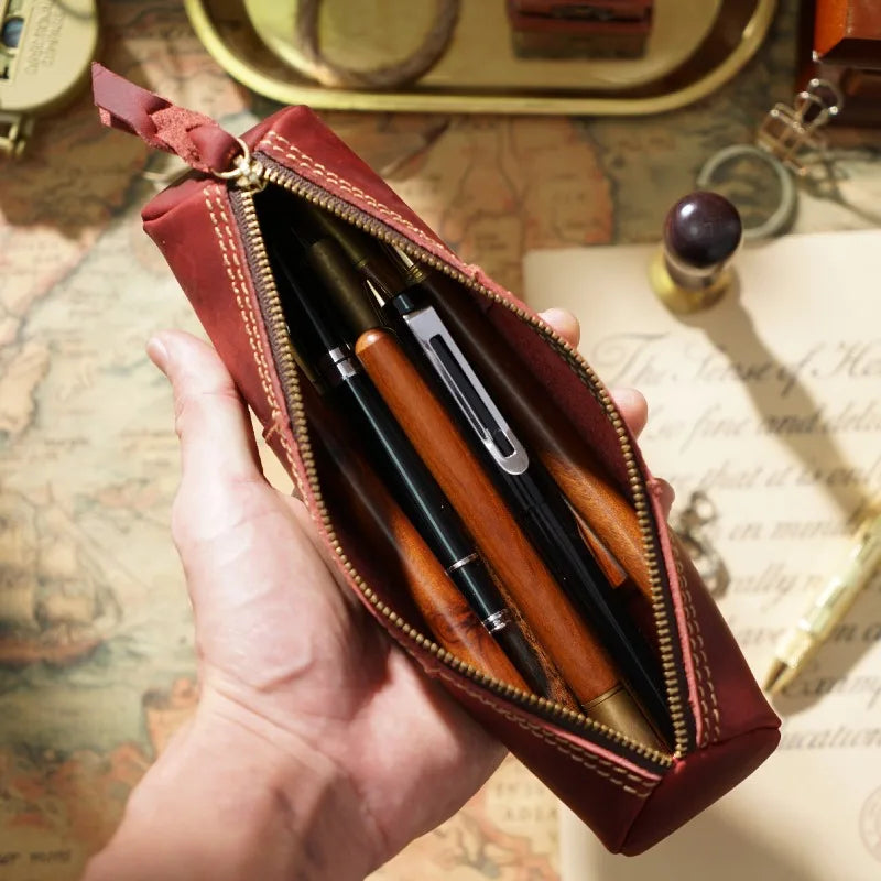 New vintage leather zipper pencil case, top-grain zebra leather handmade wallet, student stationery storage bag Oasis Select
