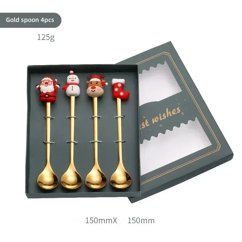 4/6PCS Coffee Spoons and Forks Set Creative Stainless Steel Fruit Fork Coffee Spoon Christmas Gifts for Kids Red/Green Gift Box Oasis Select Golden spoon 4pcs