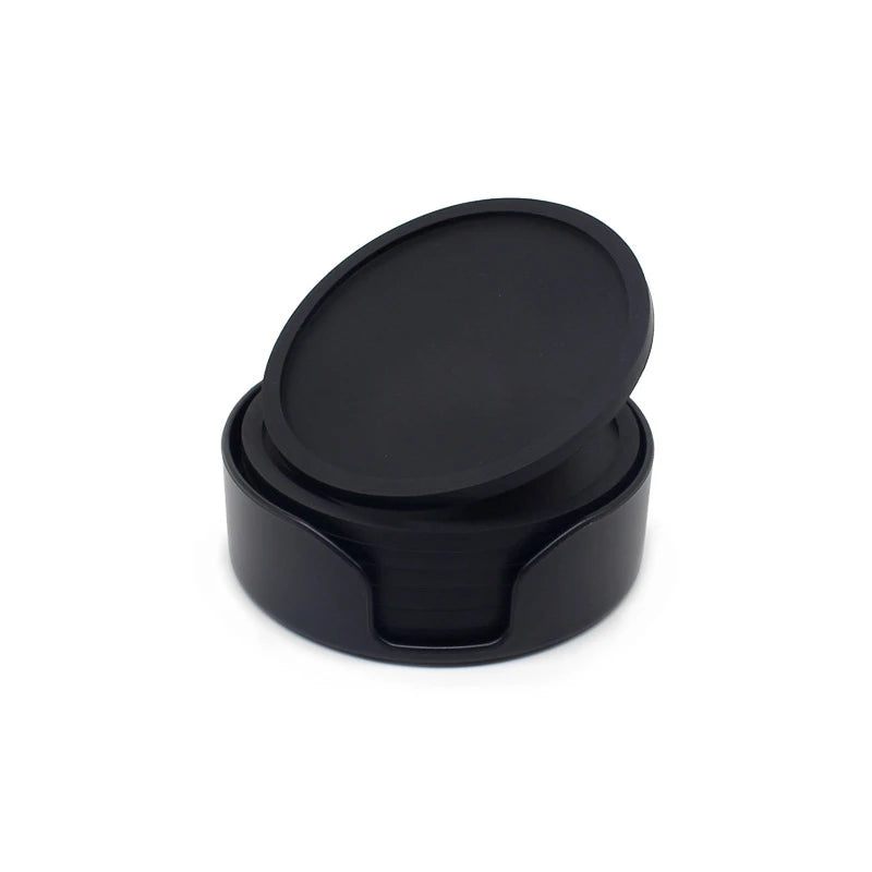 6pcs Non-slip Silicone Drinking Coaster Set Holder Cup Coaster Mat Set Round Coffeee Cup Mat Set Black Tabletop for Home Kitchen Oasis Select Black 6 mat and 1 bracket Round