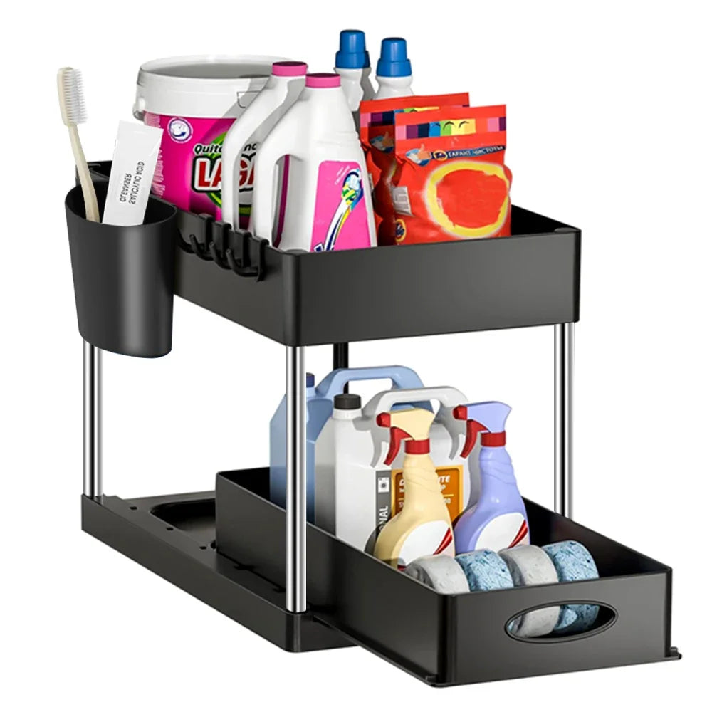 2 Tier Under Sink Organizer For Bathroom Kitchen Storage Sliding Drawer Pull Out Under Sink Cabinet Organizers Kitchen Organizer Oasis Select B-Single-1 basket
