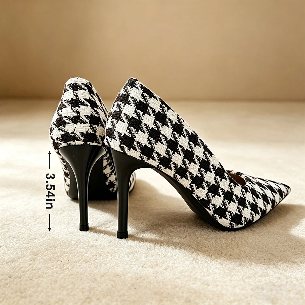 Women Houndstooth High Heels 9cm Vintage Plaid Pumps Office Work Party Shoes Comfortable Non Slip Soft Textile Daily Wear Ladies Oasis Select