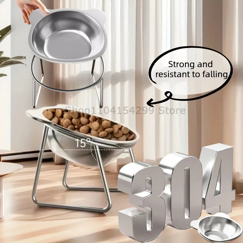 304 Stainless Steel Elevated Cat Bowl with Support Stands Stainless Steel Adjustable 15-Degree Angle Stand Slanted Pet Bowl Oasis Select
