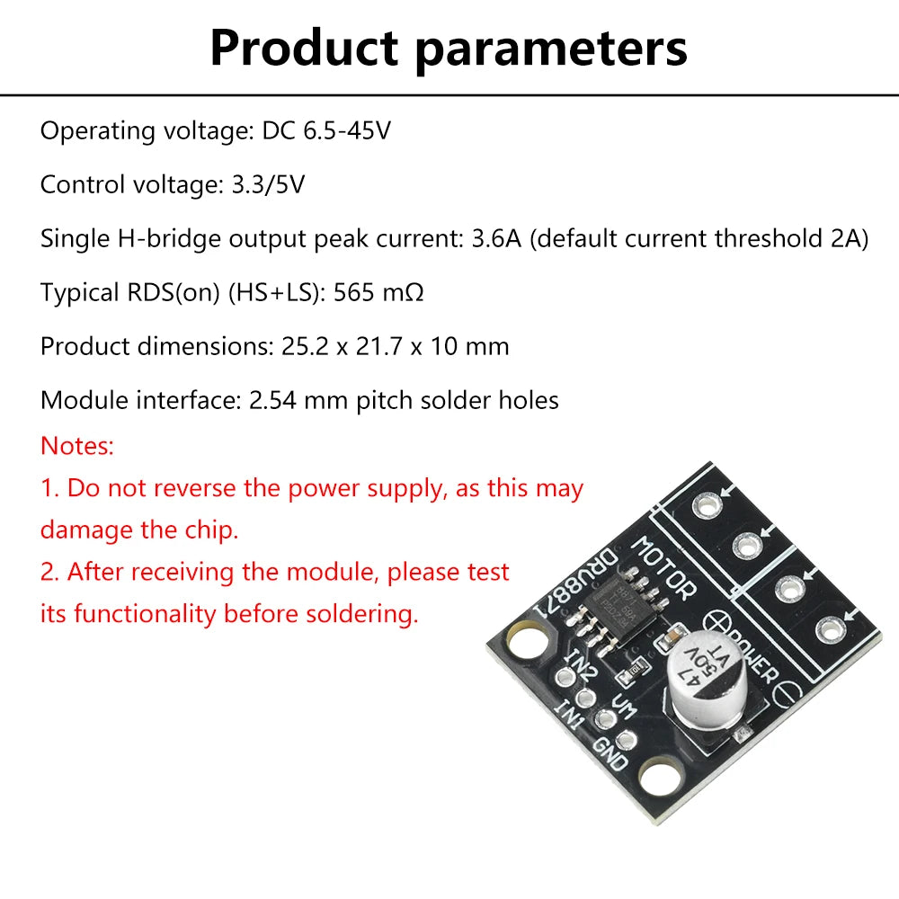 DRV8871 H-Bridge Brushed DC Motor Driver Breakout Board 6.5-45V PWM Control Module with 3.6A Max Internal Current Sense Oasis Select