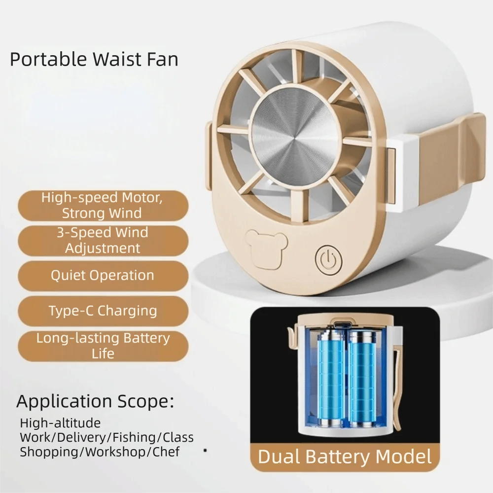 3 Speeds Adjustable Portable Handheld Fan Quiet Operation USB Rechargeable Umbrella Hanging Waist Fan Clip-on Handheld Oasis Select