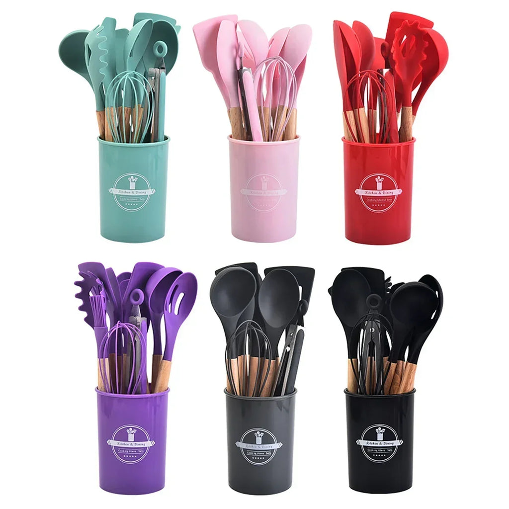 12Pcs Silicone Utensils Set Non-Stick Cookware Spatula Shovel Egg Beaters Wooden Handle Kitchenware Home Kitchen Cooking Tools Oasis Select