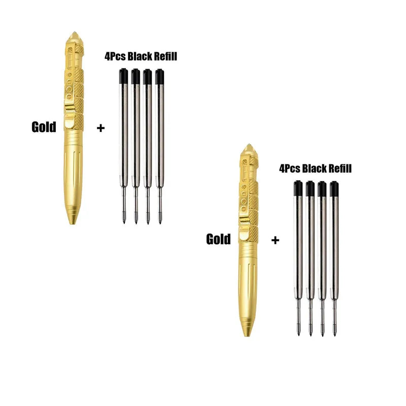 1/2pcs High Quality Metal Military Tactical Pen School Student Ballpoint Pens Emergency Glass Breaker Self Defense Supplies Oasis Select 2pcs gold plus refil