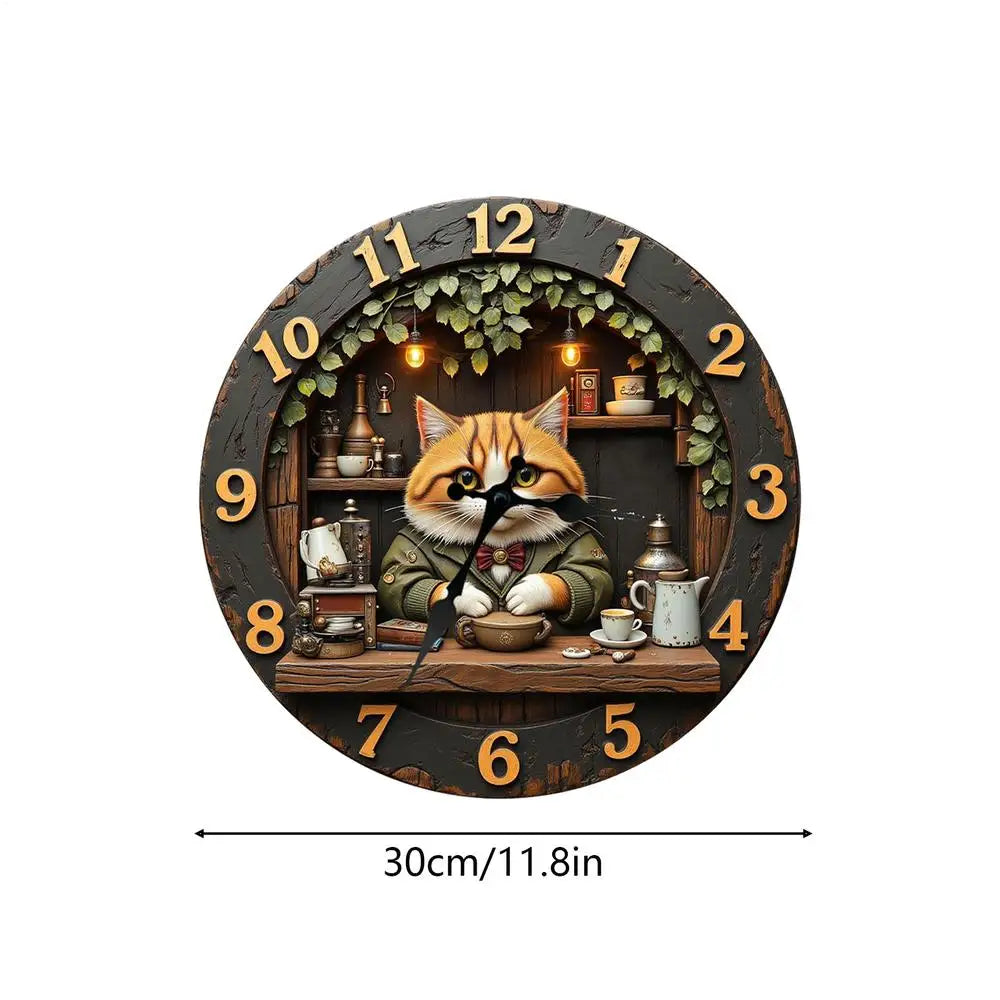 Cat Clock 11.81 Inch Cat Theme Wooden Decoration Bedroom Wall Clock for Home Living Room Bedroom Farmhouse Bar Office Library Oasis Select B
