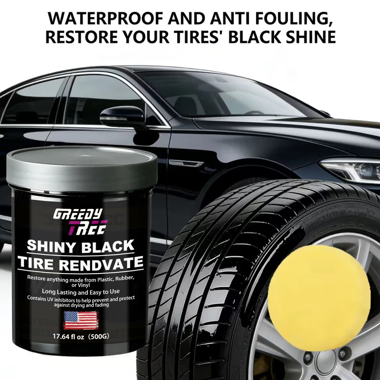 Shiny Black Tire Renovator, Tire Shine & Restorer for Tires, Plastic, Rubber, Vinyl, Long Lasting UV Protection, Prevents Drying Oasis Select