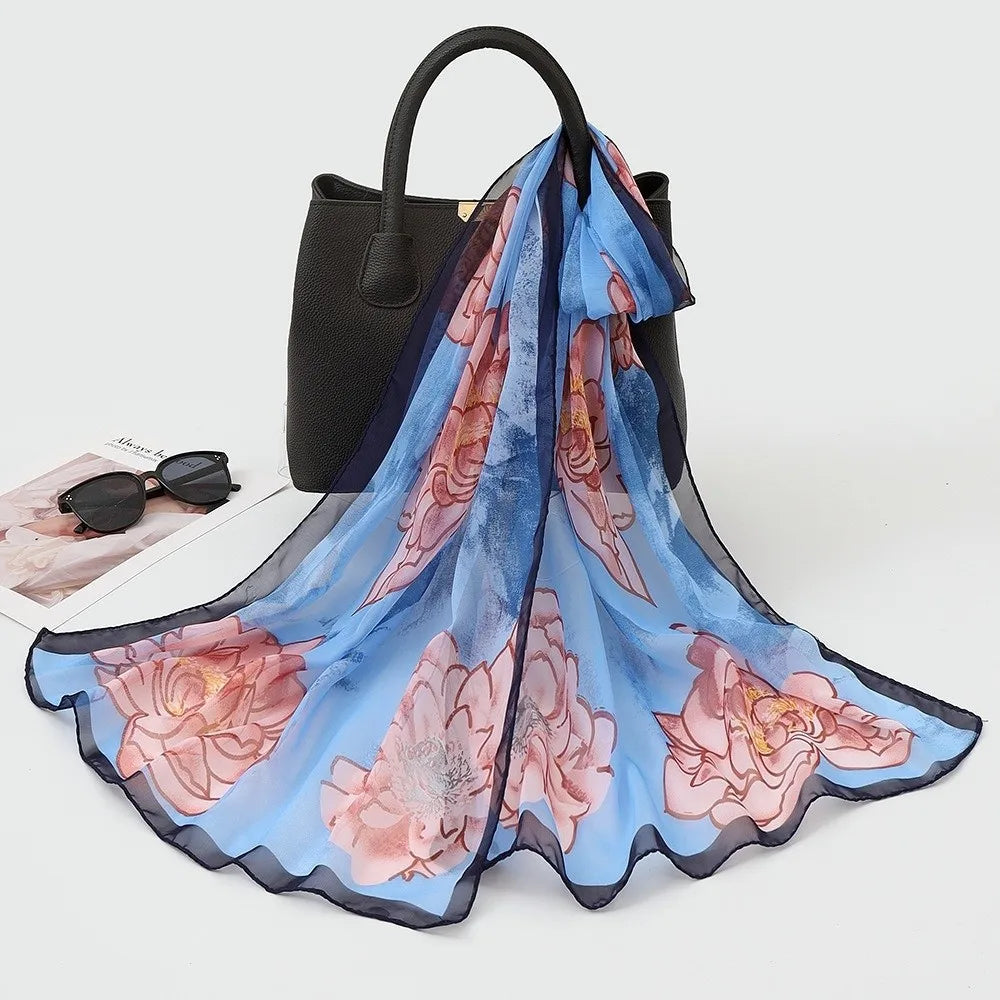 Gifts Chiffon Printed Silk Scarf Floral Lotus Thin Beach Travel Photography Shawl Breathable Long Silk Scarf Oasis Select 8