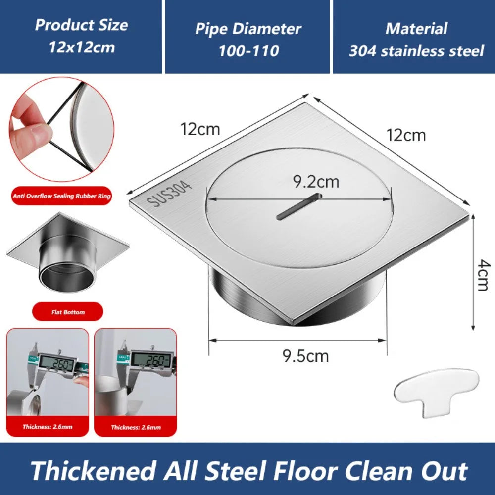 Heavy Duty Square Floor Clean Out 304 Stainless Steel 75/110 Plug Drainage Port with Cleaning Port Shower Floor Drain Bathroom Oasis Select 12x12cm
