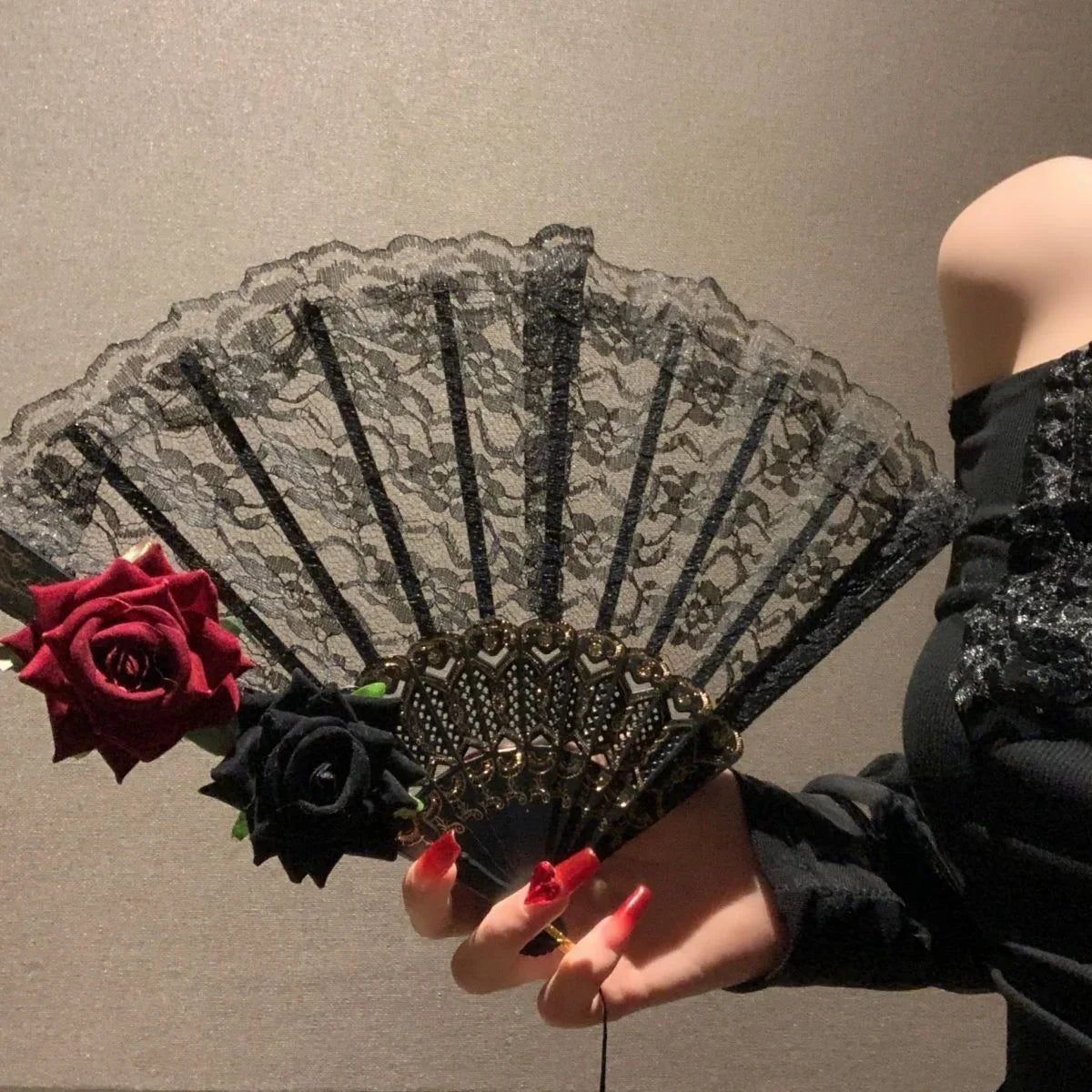 Dance Fan Ornament Ladies Lace Hand Fan Black White Cloth Folding Fans Spanish Hand for Wedding Party Favor Accessories Oasis Select