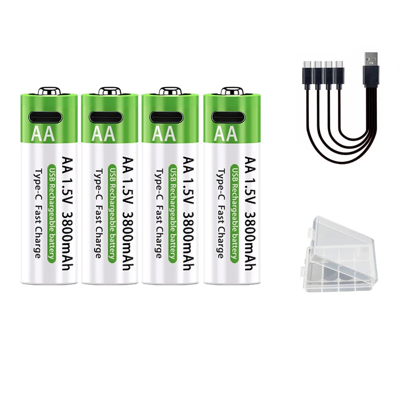 2026 Hot Li-ion AA Rechargeable Batteries USB Lithium-ion 3800mAh 1.5V AA Rechargeable Batteries+ Data Cable and Storage Box Oasis Select 4PCS 1.5V