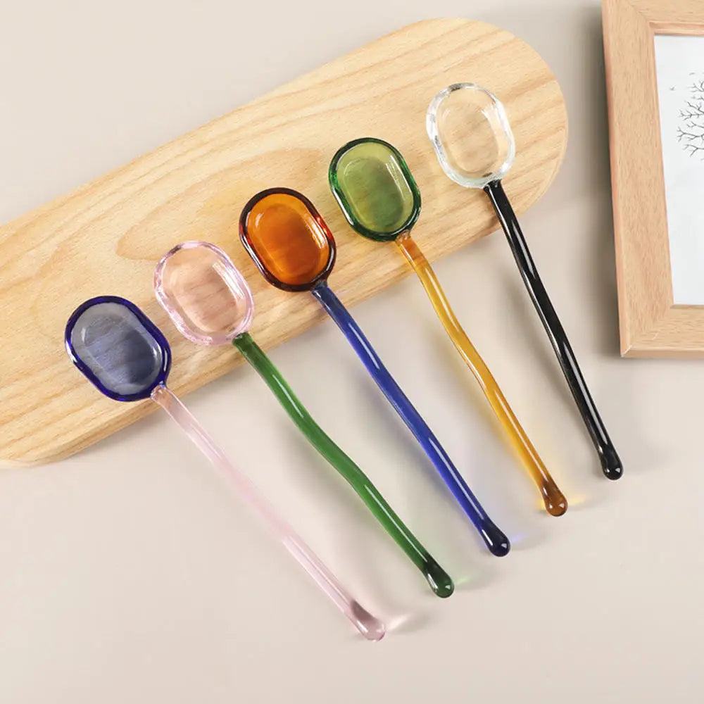 Simple Creative Milk Dessert Spoon Color Pastoral High Temperature Resistant Glass Spoon Cute Long Handle Coffee Mixing Spoon Oasis Select