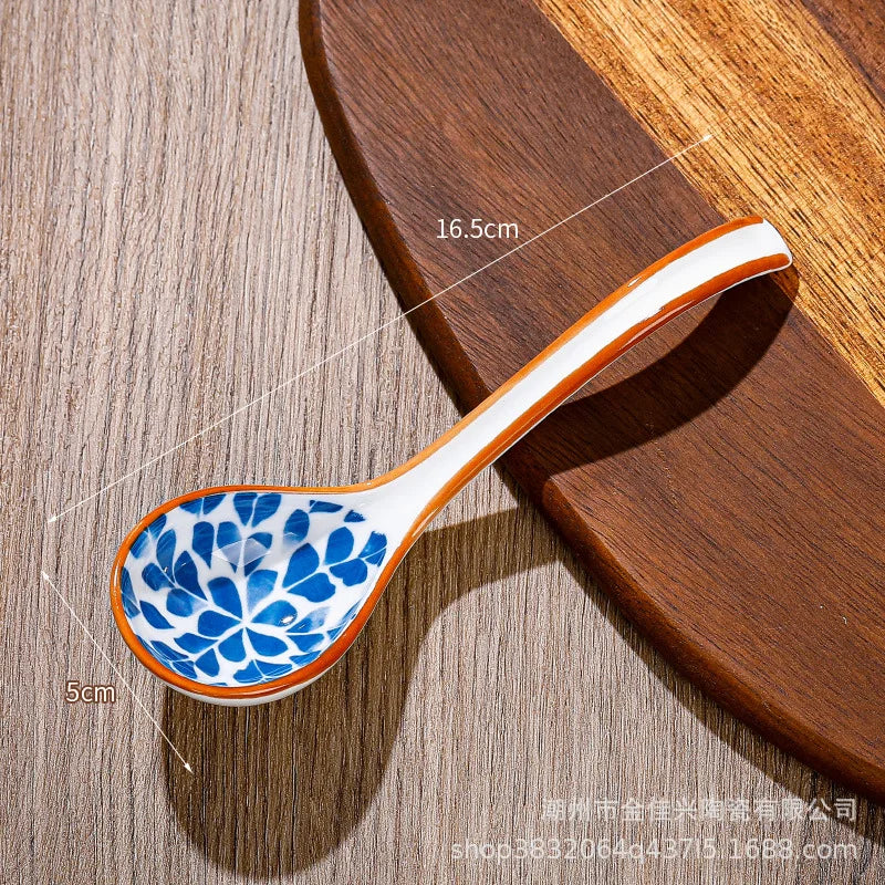 Japanese Underglaze Ceramic Soup Spoon, Everyday Ceramic Soup Spoon Ramen Long-handled Curved Spoon Tableware Oasis Select Carnation