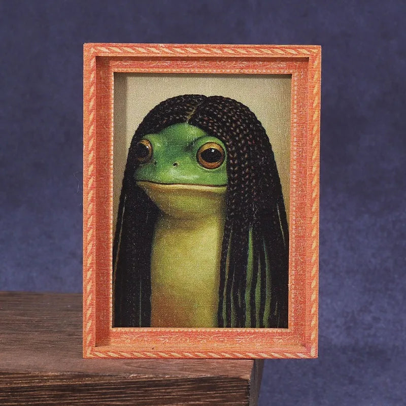 1Pc Mini Wooden Photo Frame Frog Fridge Magnet Funny Green Frog & Haircut Modern Kitchen Decor Refrigerator Ornament Oasis Select