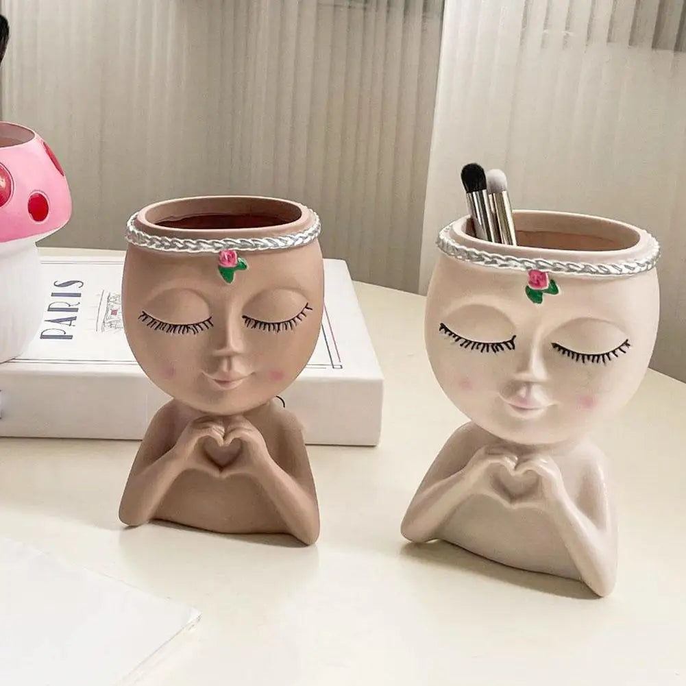 Resin Girl Face Planter – Cute Succulent Pot with Drainage Hole