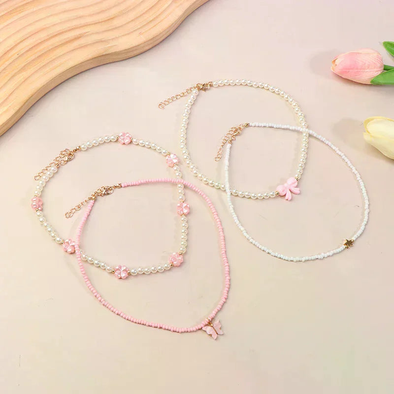 4pcs/Set Girls' Butterfly Heart Flower Pearl & Beaded Handmade Necklace Set Children Teen Friendship Best Gift For Friends Oasis Select