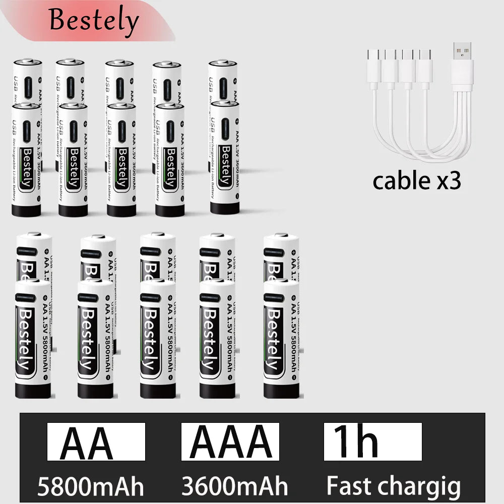 New 1.5V AA 5800mAh+AAA 3600mAh Lithium rechargeable Battery,USB Fast Charging Li-ion Battery , 2000 Cycles with USB- C Cable Oasis Select 10AA 10AAA
