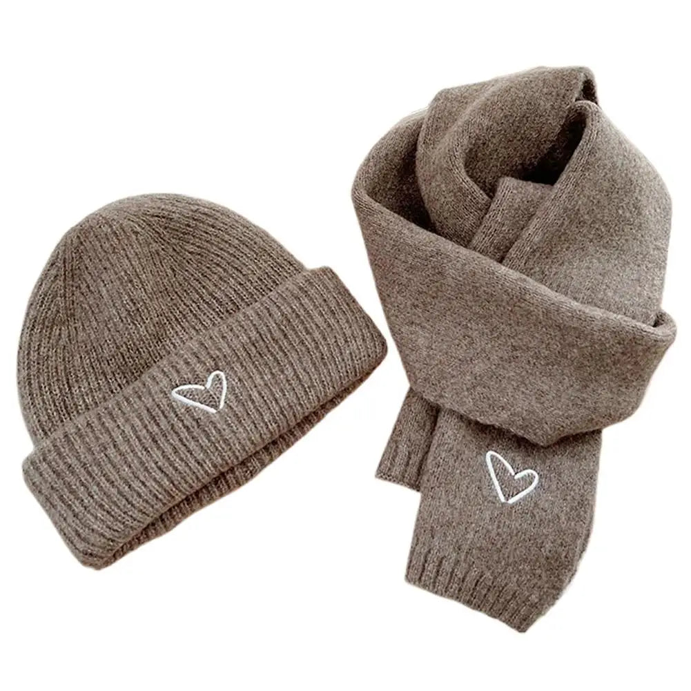 Winter Warm Solid Color Kids Knitted Hat Scarf Love Heart Embroidery Autumn Baby Beanie Outdoor Anti-cold Boys Girls Cap Scarves Oasis Select D