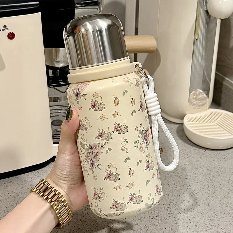Cute Floral Insulated Stainless Steel Water Bottle with Lid - Leak-Proof, Portable Cup for Outdoor Travel, Camping, Water Bottle Oasis Select White-Rose 450ml