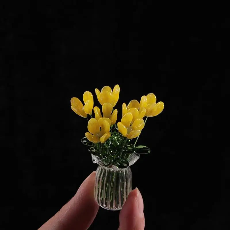 6/7Pcs Mini Lifelike Glass Flowers Simulation Flowers Handcrafted Floral Sculpture Floral Bouquet With Vase Home Decoration Gift Oasis Select A4