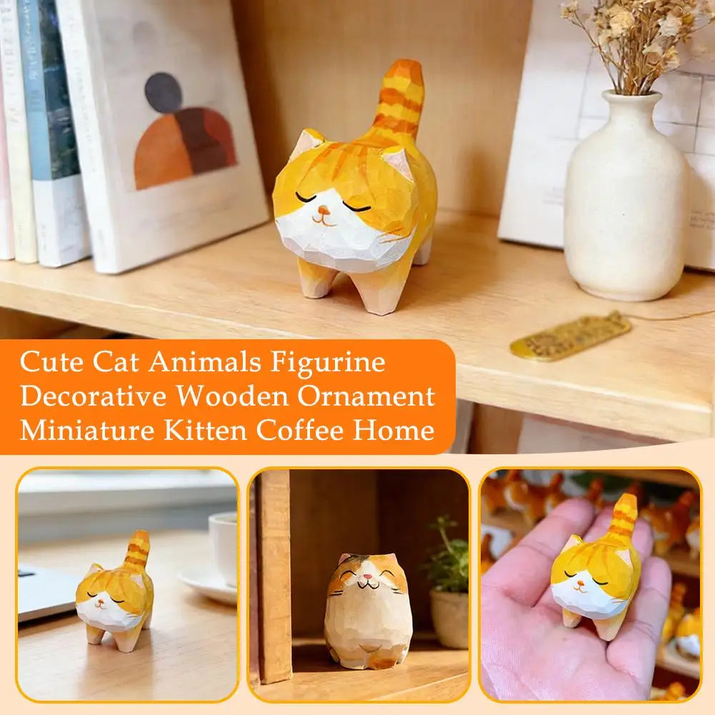 Handmade Wooden Carved Cat Figurine Multi Style Cute Kitten Sculpture Calico Orange Cat Desktop Decor Home Indoor Art Craft Oasis Select