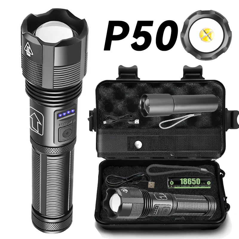 High Power Rechargeable Flashlights Ultra Powerful XHP50/XHP70 Torch Light External 18650Tactical Flashlight For Outdoor Camping Oasis Select P50-Gift ZOOM