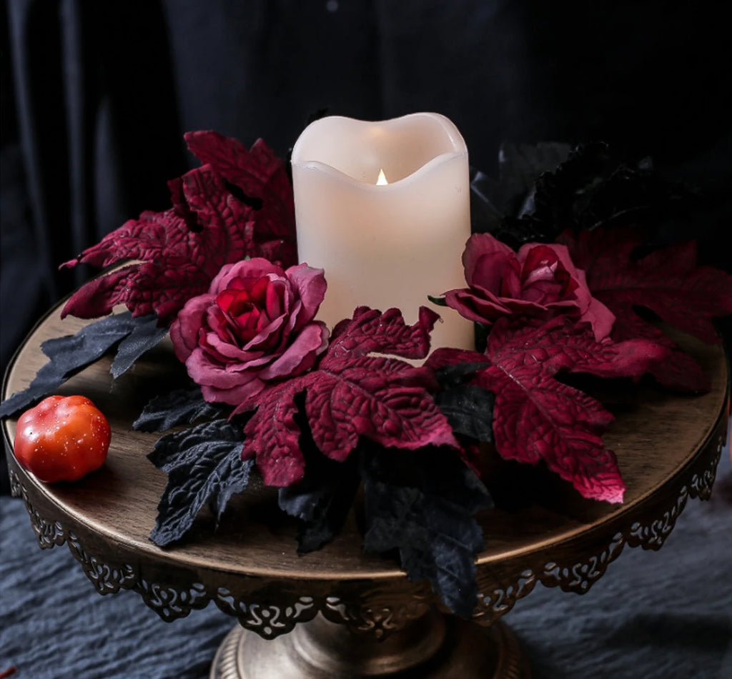 Halloween Artificial Rose Flowers Red&Black Silk Fake Maple Leaves Candlestick Wreath for Home Party Dining Table Candle Holders Oasis Select