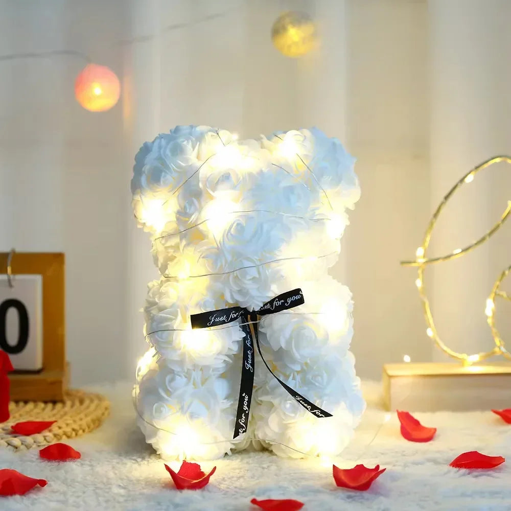 25cm Artificial Teddy Rose Flower Bear with Box Romantic Valentines Day Gift Girlfriend Anniversary Wedding Party Supplies Oasis Select 2 With Box