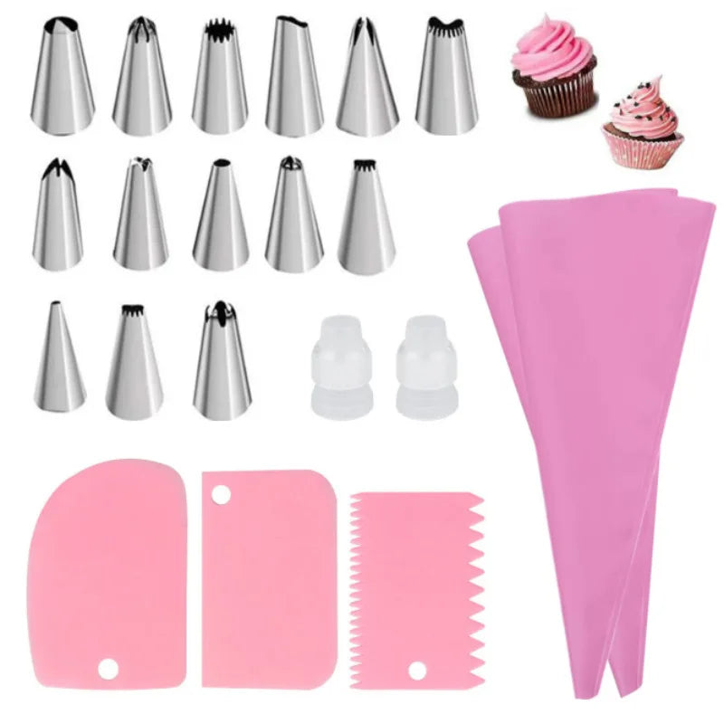 Cake Decorating Tool Set Silicone Pastry Bags DIY Cake Icing Piping Stainless Nozzle Reusable Cream Decorating Mouth Baking Tool Oasis Select F07-21Pink