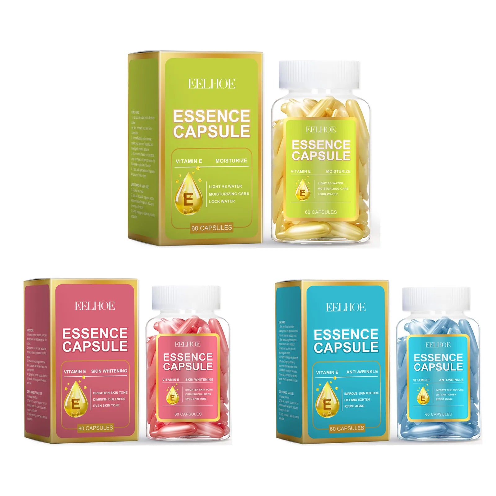EELHOE Vitamin E Face Serum Capsules – Brighten & Firm 60pc Face Serum Capsules Oasis Select Three in One